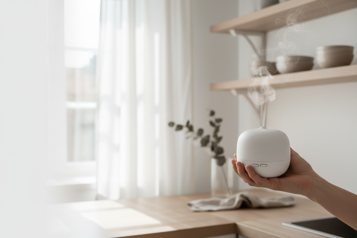 banner tekst: Productos inteligentes para el día a día  en Envío rápido en España 🇪🇸, lifestyle foto (keuken, huis, hand die product gebruikt), Clean, rustig, vertrouwen. 