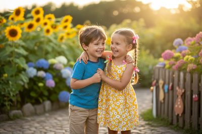 kinder jongen en meisje  die allebij vrolijk zijn  met elkaar